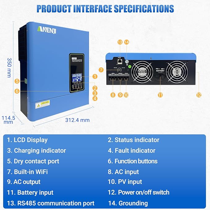 Hybrid Solar Inverter 3000W 24Vdc to110Vac Off-Grid Inverter100A MPPT ControllerSupport Battery-Less or AGM Lithium Battery Pure Sine Wave for Home BackupSolar Systems