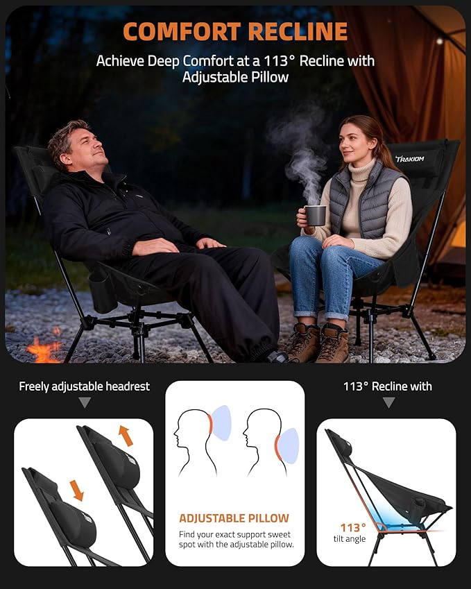 Trakiom High Back Folding Camping Chair Widened Seat &amp Lightweight Black Portable Chair with Stable Design Adjustable Head Support for Beach Camping Festival Hiking and Outdoor Travel