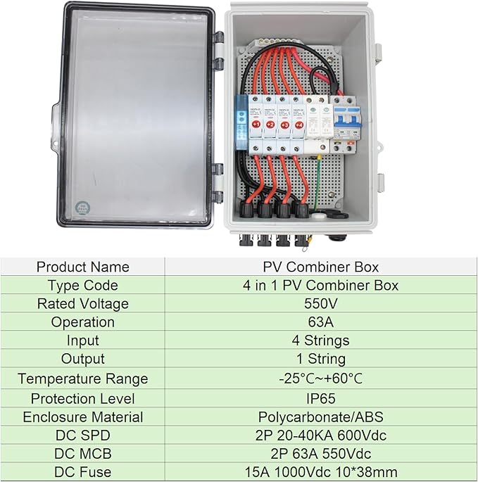4 String PV Combiner Box Solar Combiner Box with Lightning Arreste 15A Rated Current Fuse and Circuit Breaker Waterproof Combiner Box for On/Off Grid Solar System(Transparent with Lock)