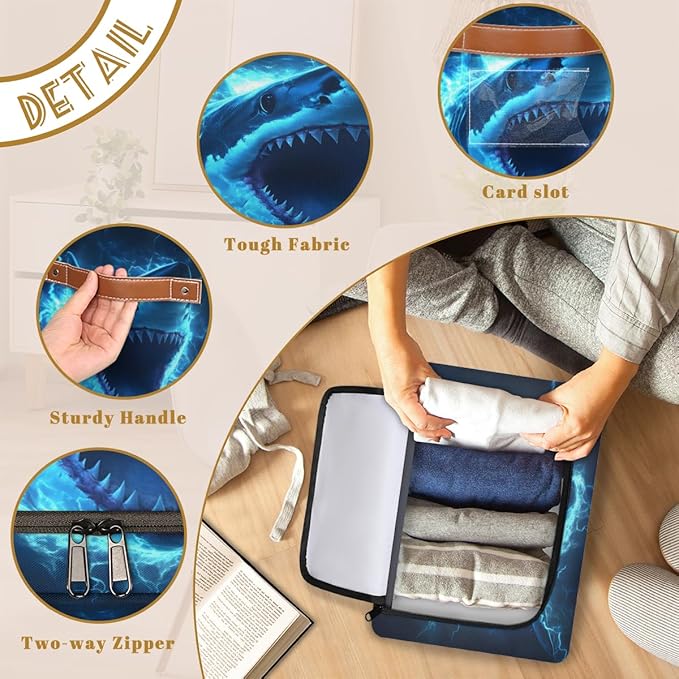 Shark Storage Box with Lid Sea Animals Collapsible Storage Bins Baskets Cubes Closet Shelf Clothes Organizer Containers with PU Leather Handles