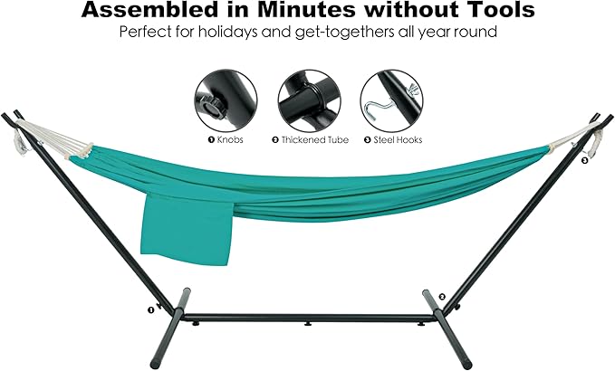 Gafete Double Hammock with Stand for Outside Upgraded Spreader Bar Heavy Duty Space Saving Steel Stand 2 Person Side Pockets Easy Assembly 600lbs Weight Capacity Indoor &amp Outdoor (Aqua Blue)