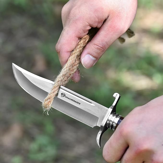 DRACHENADER Bowie Knife 10.5 Inch Hunting Knife with Sheath Outdoor Survival Bushcraft Fixed Blade Knife Comfortable African Rosewood Handle Incl. Black Gift Box