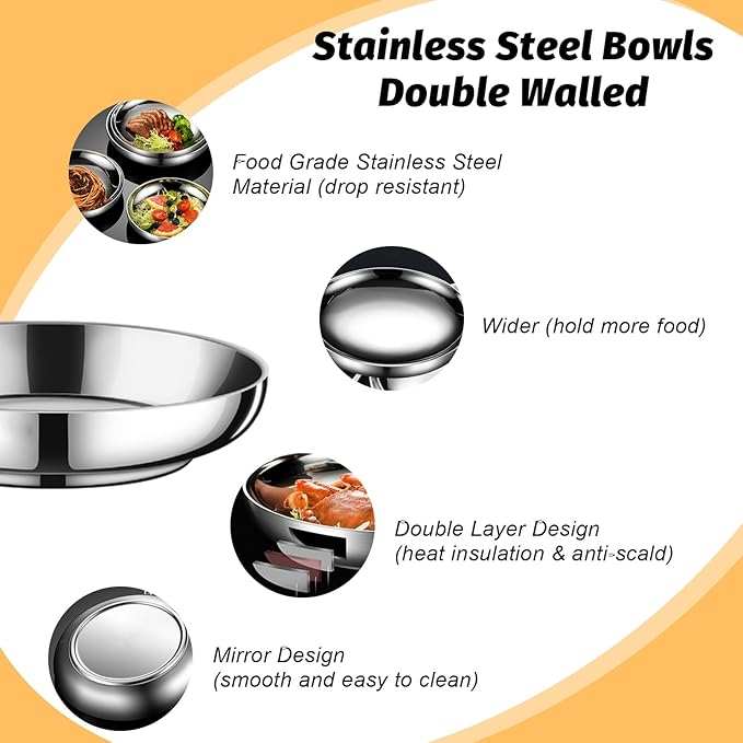 2PCS Stainless Steel Dinner Plates 8.7 Double Layered 18/8 Metal Round Dinner Plates Unbreakable with 2 Spoons &amp Forks Dishwasher Safe Heat-Resistant for Indoor/Outdoor Use Camping Everyday Me