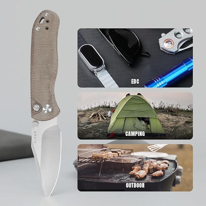 Kizer Drop Bear 2 Pocket Knife 2.96 Nitro-V Clip Point Blade Folding Knife with Brown Micarta Handle Button Liner Lock EDC Knives with Jimping on Spine for Men Women V3619.2CC1