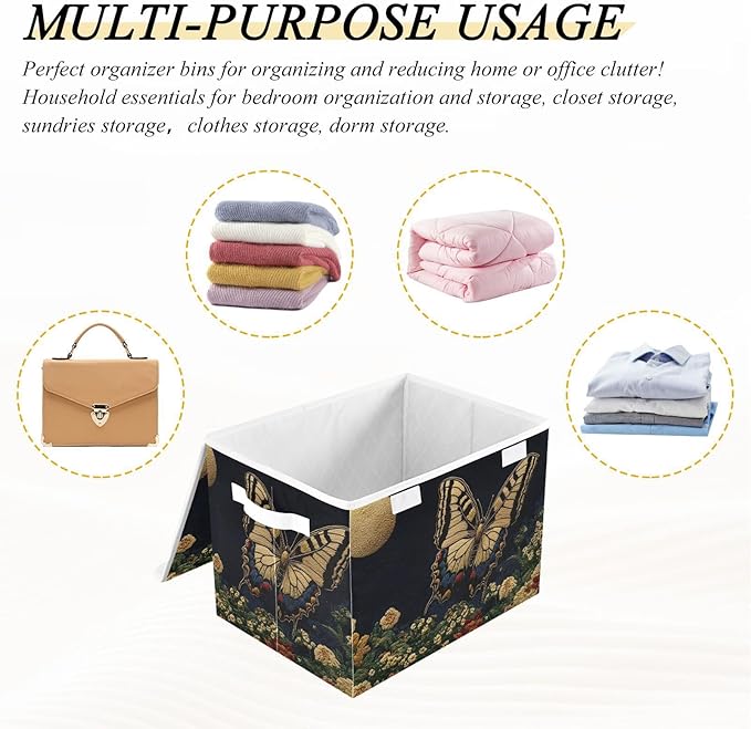 Storage Cube with Lid Floral Butterfly Moon Print 16.5×12.6×11.8 IN Collapsible Large Capacity Foldable Storage Basket Bin Organizer