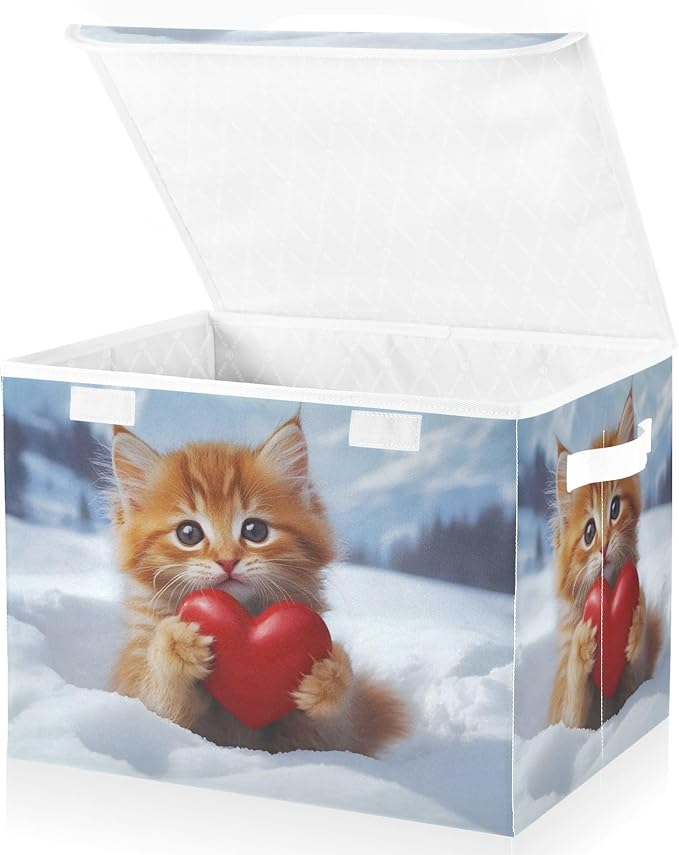 AIXIWAWA Lidded Storage Cube (Cat with Heart) Fabric Foldable Closet Bins with Flip Lid and Handles Organizer Basket Container 16.5 x 12.6 x 11.8 IN