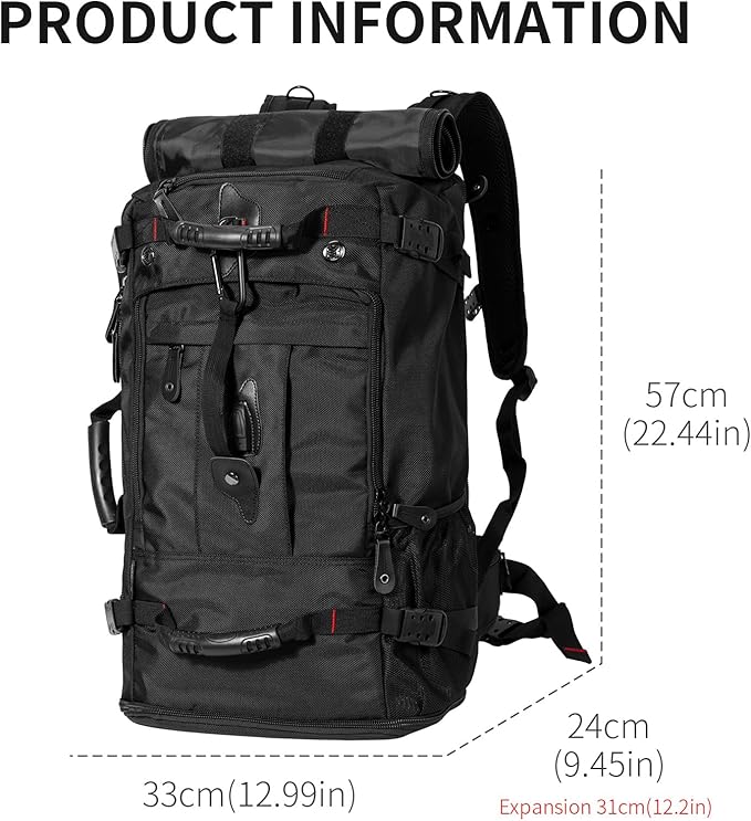 YOUMIAN Large Capacity For Travel Hiking Sports Carry On Backpack Durable Convertible Duffle Bag Laptop airplane (black 60L-Large)