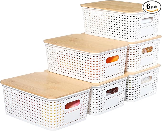 PENGKE Plastic Storage Bins With Lid Stackable Organizing Container Woven Lidded Storage Organizer Baskets for Shelves Drawers Desktop Closet Playroom Classroom Office6 Pack