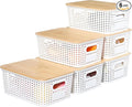 PENGKE Plastic Storage Bins With Lid Stackable Organizing Container Woven Lidded Storage Organizer Baskets for Shelves Drawers Desktop Closet Playroom Classroom Office6 Pack
