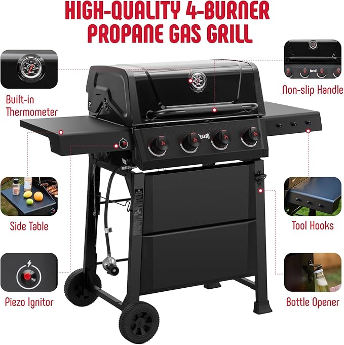 Feasto 4-Burner Propane Gas Grill 36000 BTU Outdoor Patio BBQ with Dual Side Tables Porcelain-Enameled Cookbox &amp Porcelain-Enameled Cast-Iron Grates for Deck Parties &amp Patio BBQ 559 Sq. In
