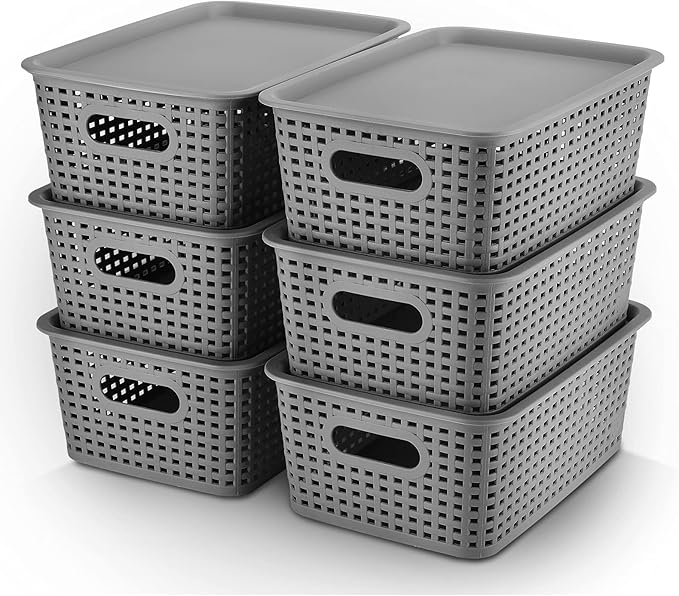 AREYZIN Plastic Storage Baskets Bins With Lid Organizing Container Lidded Knit Storage Organizer Bins for Shelves Drawers Desktop Closet Playroom Classroom Office 6 Pack