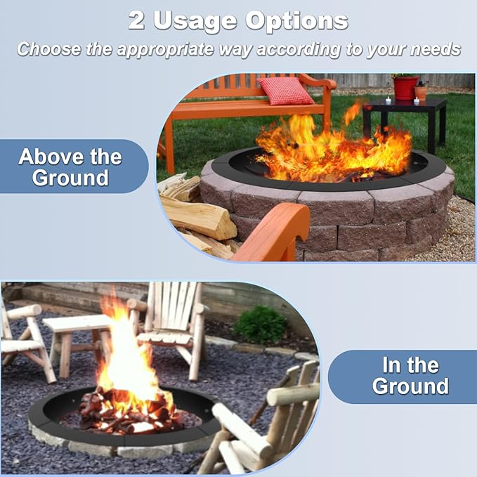 Round Outdoor Fire Pit Ring Insert 31-Inch Inner 35-Inch Outer Diameter Heavy Duty Metal Steel DIY Firepit Liner Campfire Rings for Outside Wood Burning Above or In-Ground Black