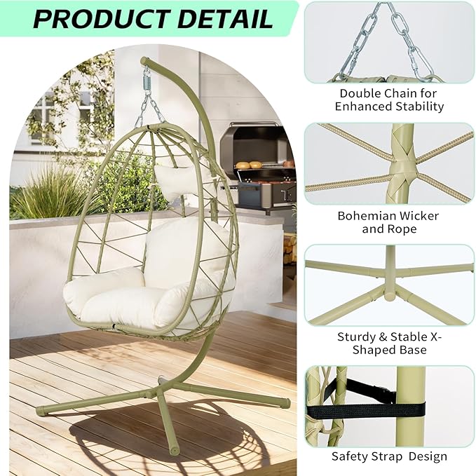 Hanging Egg Chair with Stand Outdoor Indoor Patio Rattan Swing Hammock Chairs with Washable Cushion PE Wicker Swing Chair for Backyard Bedroom Garden (Cyan + White Cushion No Footrest)