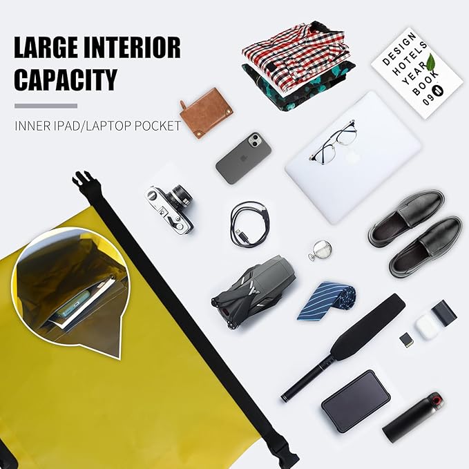 Waterproof Dry Bag Backpack IPX6 Roll-Top Closure Bag Boating &amp Kayak Accessories - Essentials for Camping Swimming Beach Fishing Rafting Travel Yellow