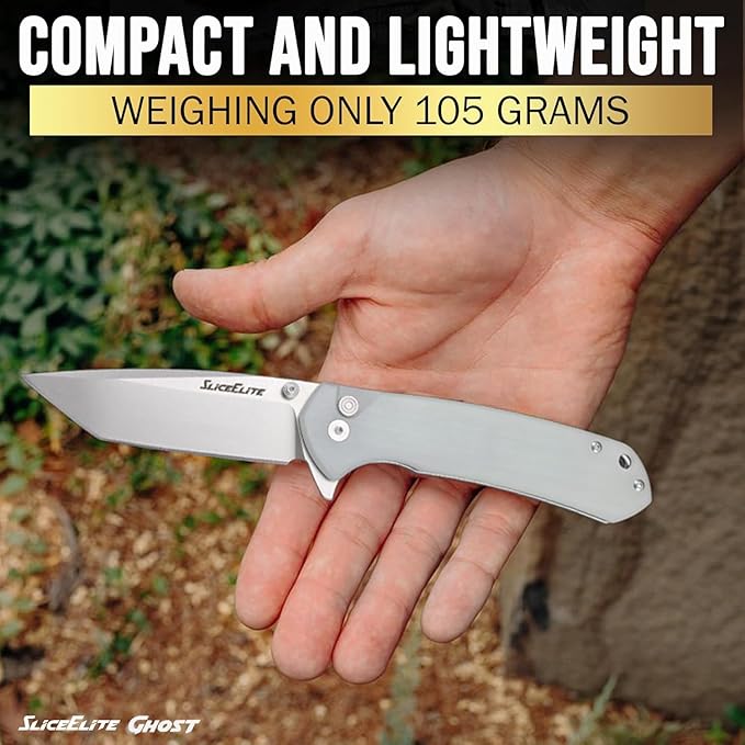 SliceElite Ghost EDC Knife 3.4 Inch D2 Steel Tanto Blade Translucent Green G10 Handle Button Lock Stainless Steel Pocket Clip Lightweight Compact Everyday Carry Knife