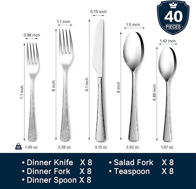 KINGSTONE Hammered Silverware Set 40-Piece Flatware Set 18/10 Stainless Steel Premium Cutlery with Unique Ripple Handles Design Mirror Polished - Dishwasher Safe
