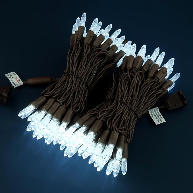 Cool White Faceted One-Piece LED Christmas Lights 48 Feet 140 Count Pack of 2 Strands 70ct M6 High Waterproof UL Certified Brown Cord String Lights