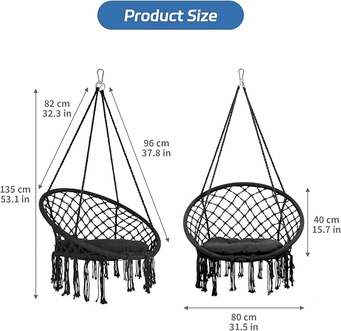 Hammock Chair Macrame Swing Cotton Rope Handwoven Hanging Chair 330 Pounds Capacity Macrame Tassels Hammock Swing for C-Hammock Stand Living Room Yard Garden Balcony (Black)