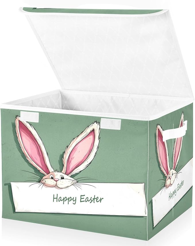 Happy Easter Storage Baskets with Lids Collapsible Bins Stackable Fabric Linen Baskets Closet Organizer Container 16.5x12.6x11.8