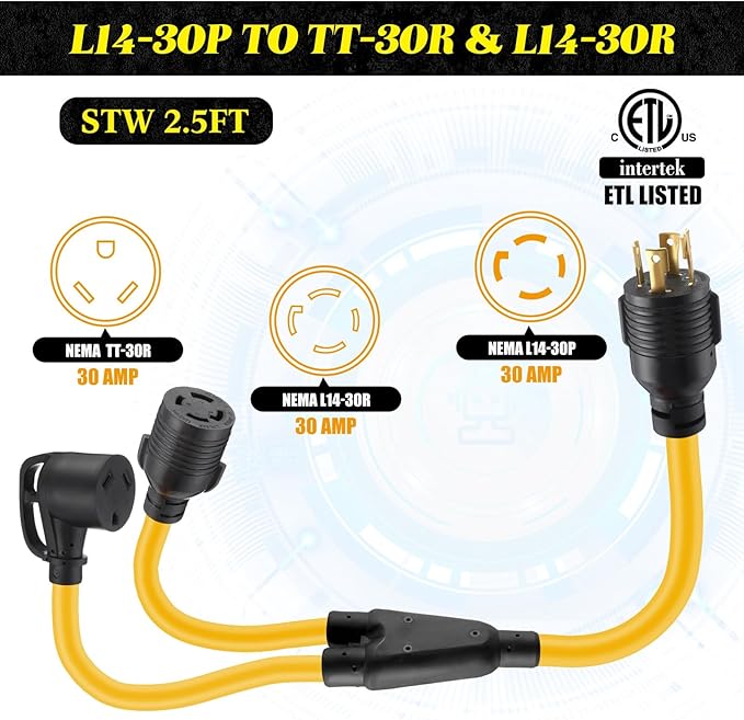 Kanayu L14-30P to TT-30R &amp L14-30R 30 Amp Generator Y Splitter Adapter Cord Compatible with NEMA Generator to EV/RV Charging and House Inlet Box 8/2+10/2 STW AWG ETL Listed 2.5 ft
