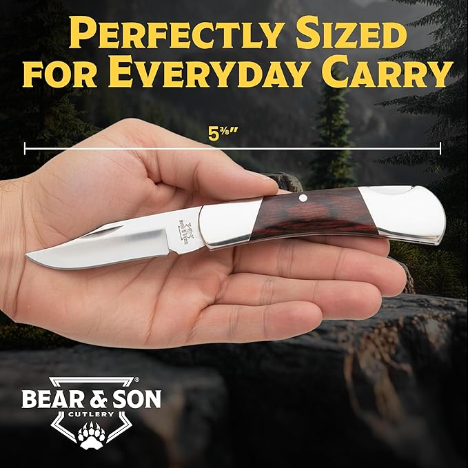 Bear &amp Son Small Folding Pocket Knife – 2.25 Clip Point Blade 440 Stainless Steel | EDC Knife with Rosewood Handle &amp Nickel Silver Bolsters | Manual Lockback for Everyday Carry Camping &amp