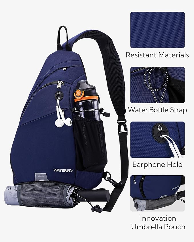 WATERFLY Sling Bag Crossbody Backpack: Over Shoulder Daypack Casual Cross Chest Side Pack (Large Blue)