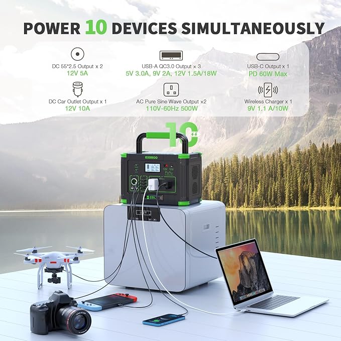 EBL 519Wh Solar Generator Kit 500W(Peak 1000W) Portable Power Station with 100W 20V Solar Panel Backup Battery Power Supply for RV/Van Camping Fishing Climbing Road Trip Home Use