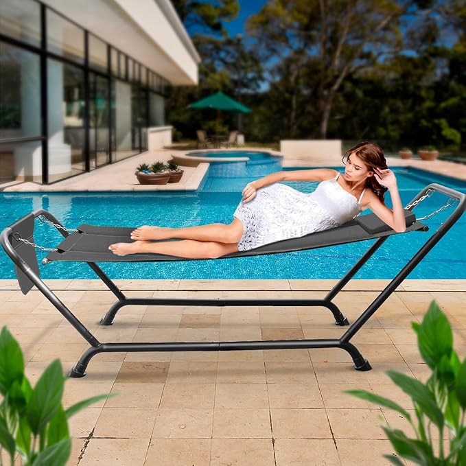 Sorbus Cozy Hammock Bed- Patio Hammock with Stand w/Pillow and Storage Pockets- Heavy Duty 500lbs Support- Durable Outdoor Hammock- For Patio Garden Backyard Poolside- Weather Resistant Outdoor Bed
