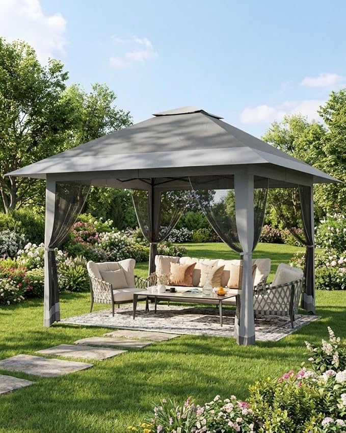 13x13ft Pop Up Gazebo Outdoor Canopy Tent with Mosquito Netting Heavy Duty Party Tent Shelter with Waterproof and Ultraviolet Double Roof for Backyard Garden Lawn and Deck (Grey)