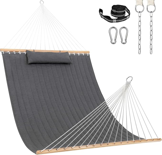 Lazy Daze Hammocks 12 FT Sunbrella Fabric Quilted Hammock Double Sunbrella Quilted Hammock with Spreader Bars &amp Pillow All Weather and Fade Resistant for Outdoor 450 lbs Capacity Cast Slate