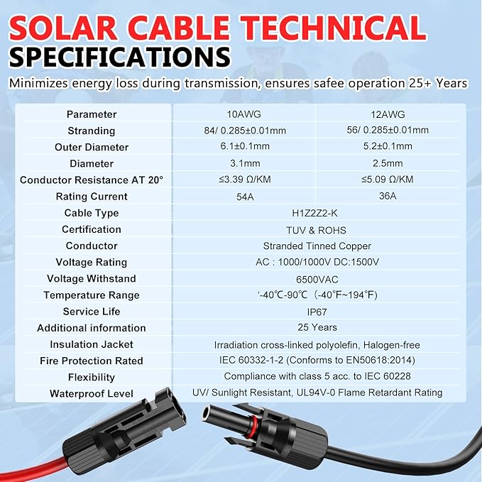 Vansdon 2x50 Feet Solar Panel Extension Cable- 10AWG Solar Cable Solar Panel Cable with Female and Male Waterproof Connectors for RV Photovoltaic Systems