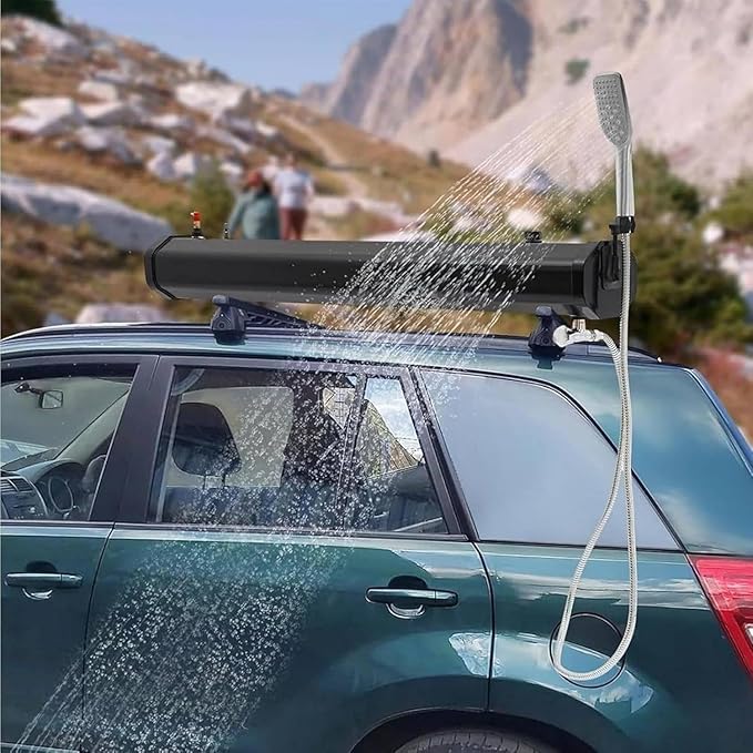 Pressurized Water Tank for Camping Shower Solar Roof Rack Shower Outdoor Roof Rack Water Tank with 4.9ft Water Hose &amp Shower Head for Trucks off Road Vehicles Rv Suv Water Storage 4.76gal/18L