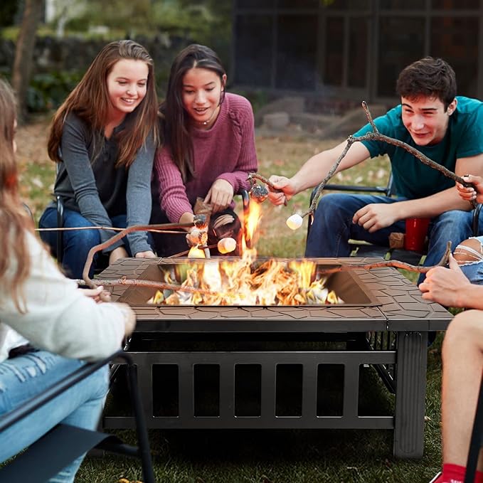 ZENY 32 inch Outdoor Fire Pit with Grill for Outside Wood Burning Square Metal Outside Fireplaces Spark Screen and Poker Included for Backyard Patio Camping Bonfire