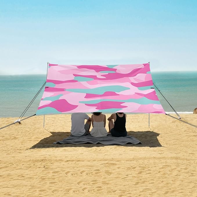 Cyan Aqua Foldable Beach Tent UPF50+ Waterproof Portable Sun Shelter Includes Sand Shovel Sandbags Stability Poles for Camping Trips Fishing Backyard Fun or Picnics