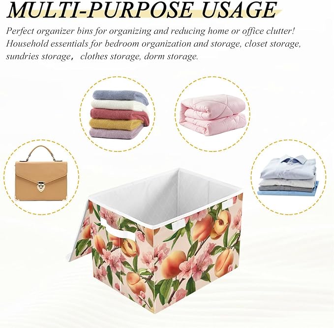 Collapsible Storage Bins with Lids Decorative Fabric Storage Cubes Closet Organizer and Storage Basket Boxes Containers for Clothes Box Chest Nursery Folding Rectangle Pink Peach Blossoms01