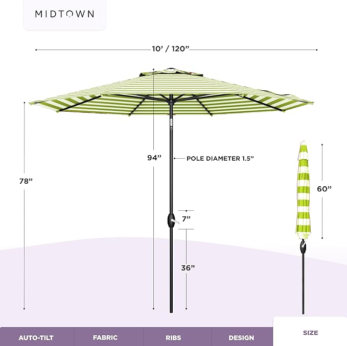 Midtown Umbrellas - 10-Year-No-Fade 10 Ft Patio Umbrella with Terylast Fabric Auto-Tilt Aluminum Frame and 8 Reinforced Ribs for Deck Pool Garden &amp Beach - Green/White Stripes Canopy Black Pol