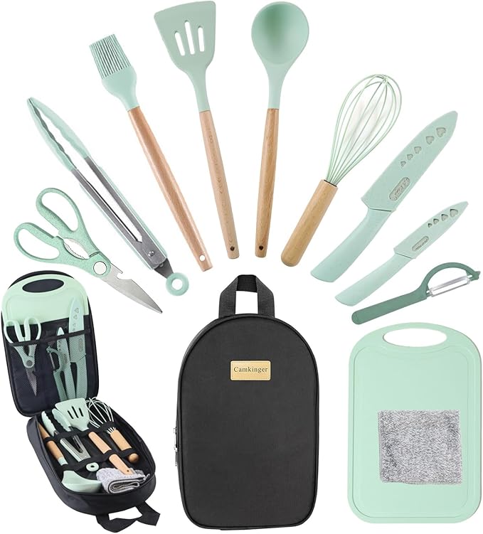Camping Accessories Kitchen Cooking Utensils Set - Portable Outdoor Camp Cookware Set Silicone Camper Essentials Gear Must Have Supplies for Travel RV BBQ Grill Picnic Hiking