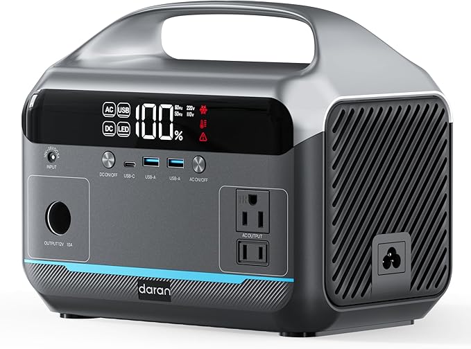 DaranEner Portable Power Station 600W 288Wh LiFePO4 Battery Backup Power w/2×600W AC Outlets (1200W Surge) 2.2H Fast Charging Solar Generator for Outdoor Camping/RVs/Home Emergency (Solar Optional)