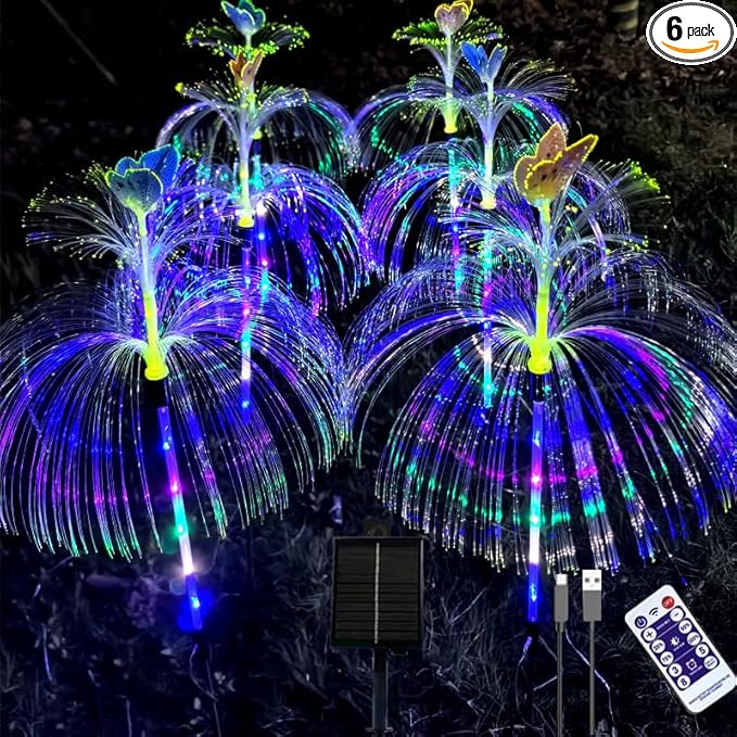 6 Pack LED Outdoor Solar Powered Double-Layer Butterfly Jellyfish Lights With Remote Control Waterproof Courtyard Atmosphere Decorative Multi-Color Landscape Trail