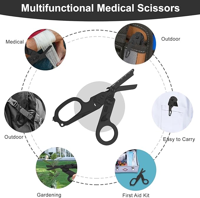 6 in 1 Multifunctional Combination Tool Folding Retractable Emergency Shears Outdoor Camping Tools Seat Belt Cutter Oxygen Cylinder Wrench Complimentary Adjustable Wrench (Electroplating black)