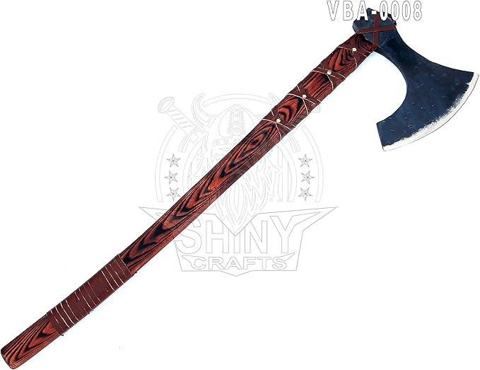 SHINY CRAFTS® Handcrafted Viking Axe – Engraved Nordic Blade with Wooden Handle Norse Bearded Hatchet for Men Unique Gift for Him Collectors Cosplay Camping Medieval Wall Decor (SCA-0008)