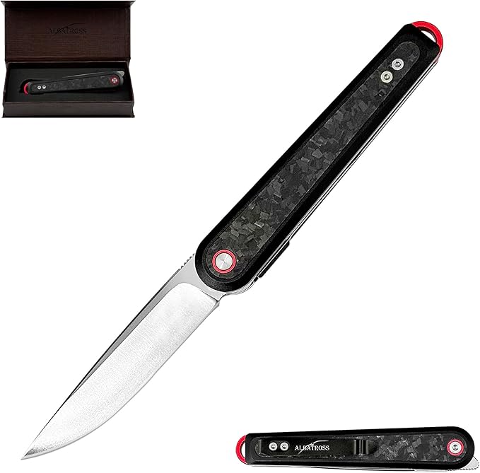 Executive Fathers Day Gift Men's EDC Folding Knife 3.3” Satin D2 Blade Black Aluminum &amp Carbon Fiber CNC Machined Reversible Clip Premium Case