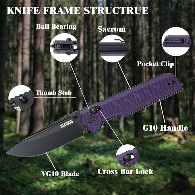 UBIN Folding Pocket Knife 3.25 VG10 Blade EDC Folding Knife with Safety Axis Lock Purple G10 Handle Hunting Camping Knife with Thumb Stud Opener