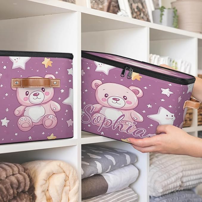 Custom Storage Basket with Name Personalized Storage Bins with Zipper Lid Foldable Fabric Storage Box Large capacity with Handle Star Pink Bear