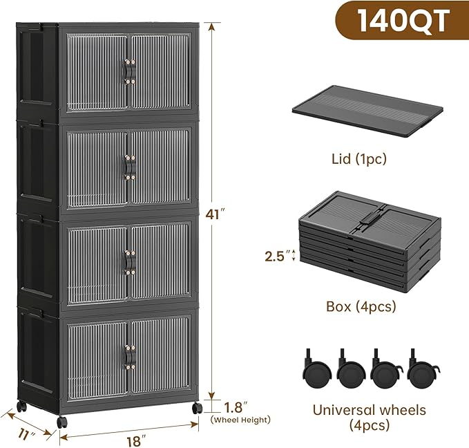 SAILUN 35Gal/140Qt Stackable Storage Bins Folding Collapsible Storage Bins with Lid Closet Organizers and Storage Box with Door Black 18 W x 11 D x 41 H