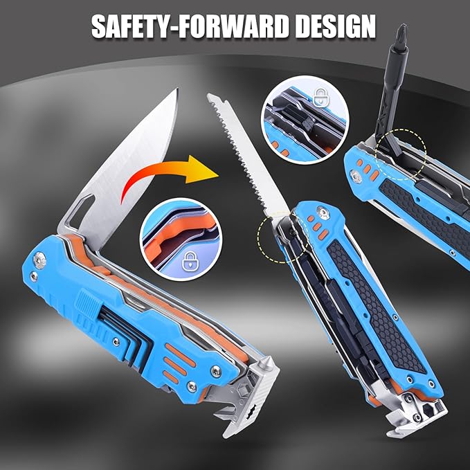 HANSHI 13 in 1 Multitool Knife with Nylon Sheath for CampingHikingSurvivalOutdoor Multi Tool Pocket Knife with Window BreakerBirthday Christmas Valentine's Day Gift for Dad Mens Boyfriend(Blue)