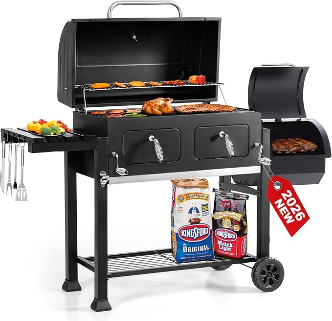 30 Inch Barrel Charcoal Grill and Offset Smoker 1015 sq. in. Cooking Area Outdoor BBQ Grill Perfect for Outdoor Cooking Barbecue Patio Garden Backyard Party