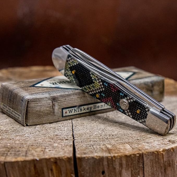 WHISKEY BENT HAT CO. Traditional Trapper Folding Pocket Knife 4.125 Closed Length 440C Stainless Steel Blades (Black Diamond Bead)
