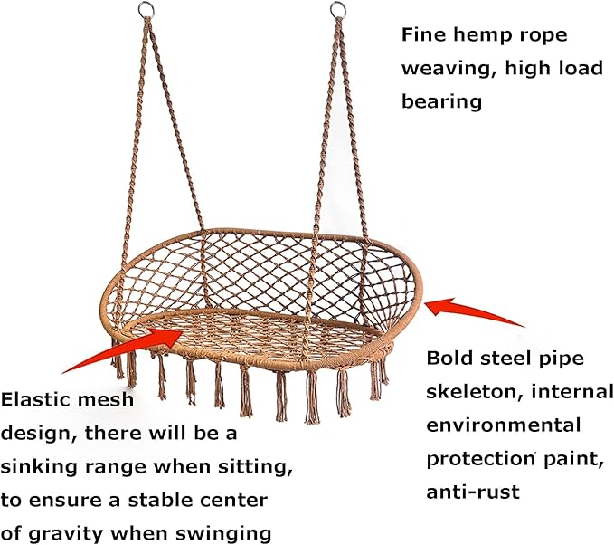 Hammock Chair 2 Seat with 2 Sets of Suspension Accessories Hanging Cotton Ropes Metal FrameSwing Hanging Chairfor Hammock Stand (b)