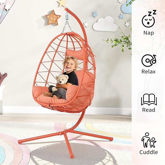 Hanging Egg Chair with Stand Outdoor Indoor Patio Rattan Swing Hammock Chairs with Washable Cushion PE Wicker Swing Chair for Backyard Bedroom Garden (Orange Red + Orange Red Cushion No Footrest)